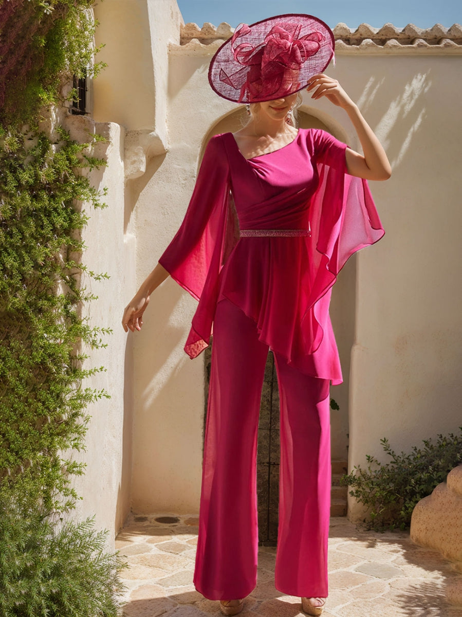 Chiffon Jumpsuit For Mothers With Scoop Neck Long Sleeves Belt