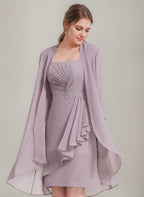 Square Neck Mother Of The Bride Dress With Jacket Beaded Details Knee Length
