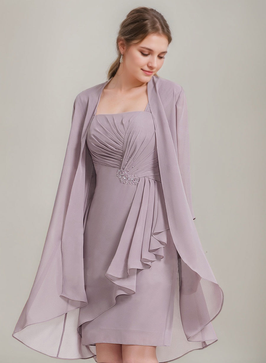 Square Neck Mother Of The Bride Dress With Jacket Beaded Details Knee Length
