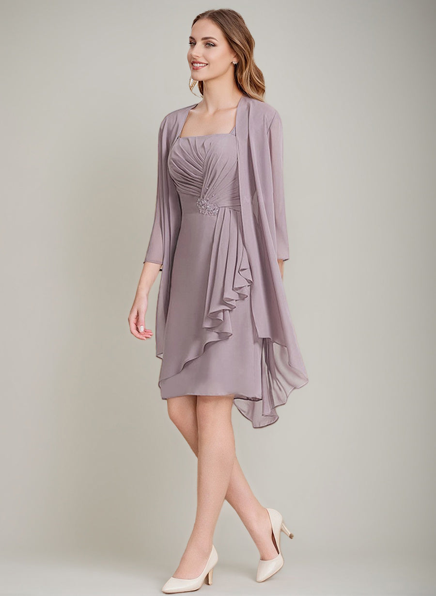 Square Neck Mother Of The Bride Dress With Jacket Beaded Details Knee Length