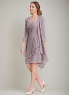 Square Neck Mother Of The Bride Dress With Jacket Beaded Details Knee Length