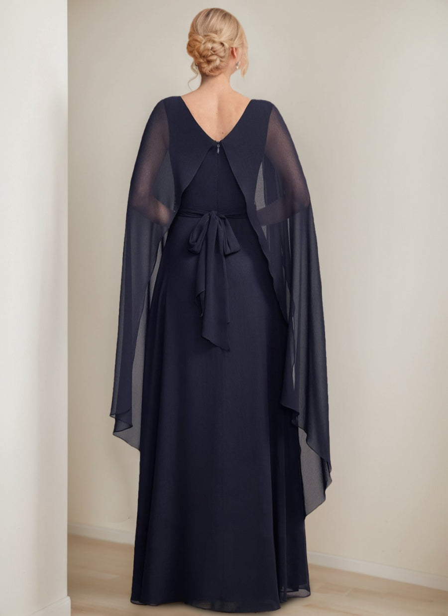 Princess A Line Floor Length Mother Of The Bride Dress With Cape Sleeves Bow