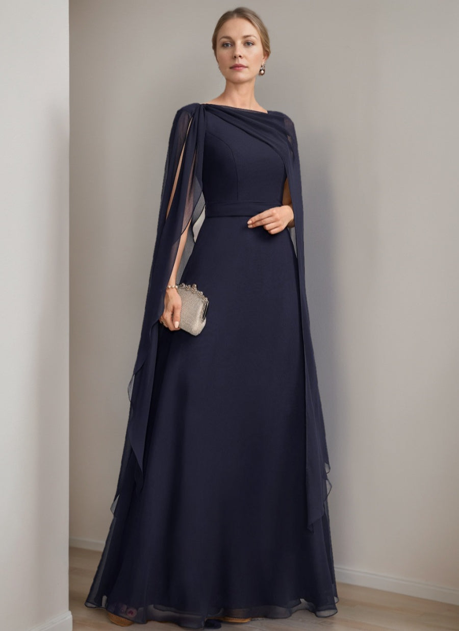Princess A Line Floor Length Mother Of The Bride Dress With Cape Sleeves Bow