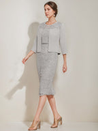 Tea Length Mother Of The Bride Sheath Dress With Jacket And Crystals