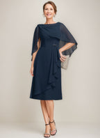 Tea Length Mother Of The Bride Sheath Dress With Detachable Beaded Cape Ruffles