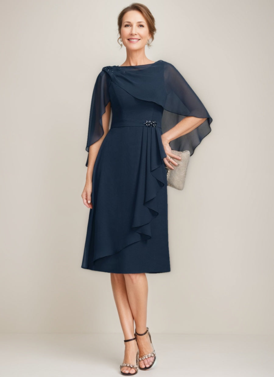 Tea Length Mother Of The Bride Sheath Dress With Detachable Beaded Cape Ruffles
