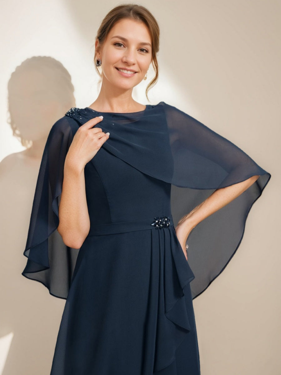 Tea Length Mother Of The Bride Sheath Dress With Detachable Beaded Cape Ruffles