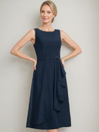 Tea Length Mother Of The Bride Sheath Dress With Detachable Beaded Cape Ruffles