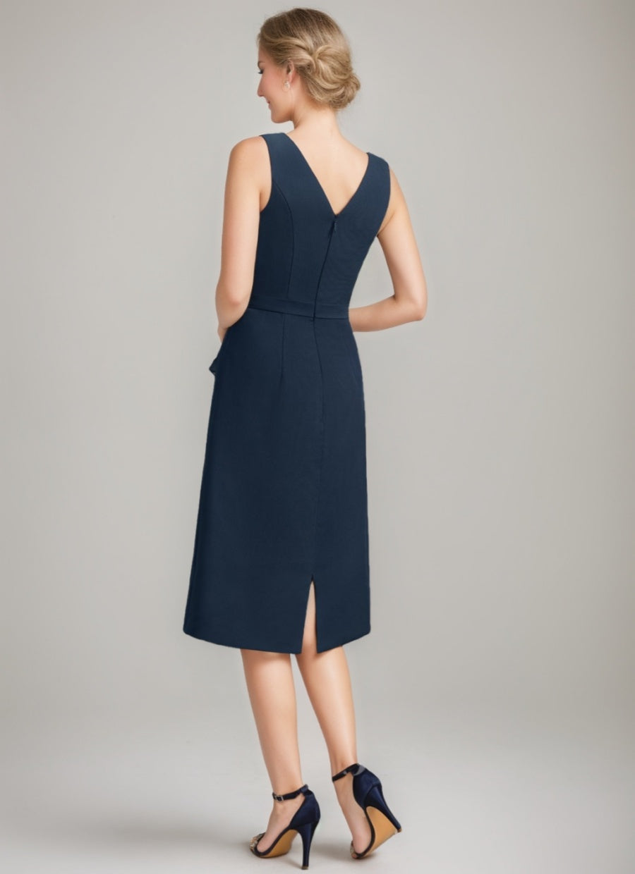 Tea Length Mother Of The Bride Sheath Dress With Detachable Beaded Cape Ruffles