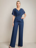 Two Piece Mother Of The Bride Pantsuits V Neck Ruched Flutter Sleeves Beading