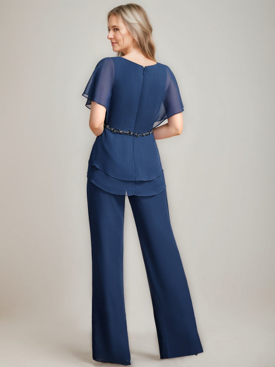 Two Piece Mother Of The Bride Pantsuits V Neck Ruched Flutter Sleeves Beading