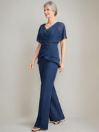 Two Piece Mother Of The Bride Pantsuits V Neck Ruched Flutter Sleeves Beading