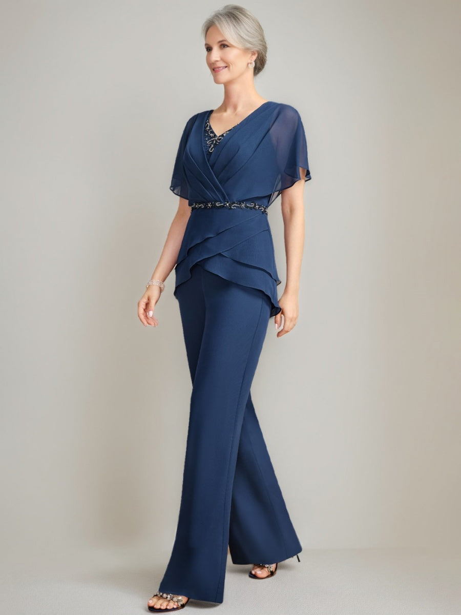 Two Piece Mother Of The Bride Pantsuits V Neck Ruched Flutter Sleeves Beading