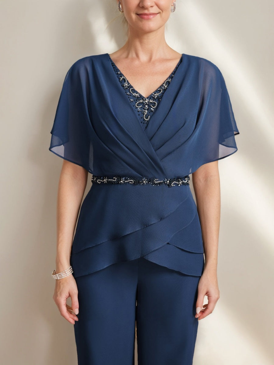 Two Piece Mother Of The Bride Pantsuits V Neck Ruched Flutter Sleeves Beading