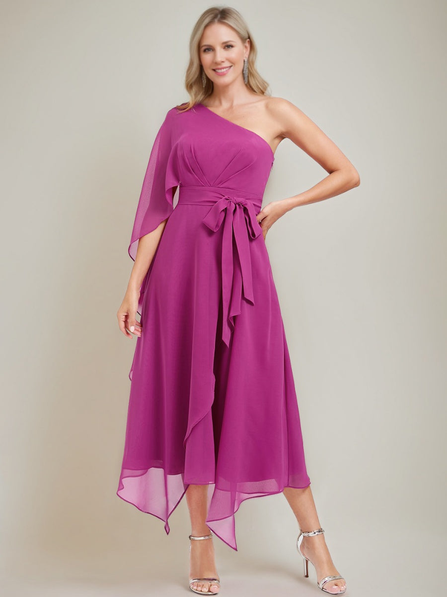 One Shoulder A Line Princess Dress With Ruched Bow Sash For Mother Of The Bride