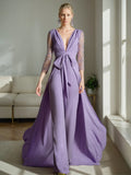Mother Of The Bride Jumpsuit Plunge V Neck A Line Embroidered Tulle Sleeves Bow