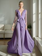Mother Of The Bride Jumpsuit Plunge V Neck A Line Embroidered Tulle Sleeves Bow