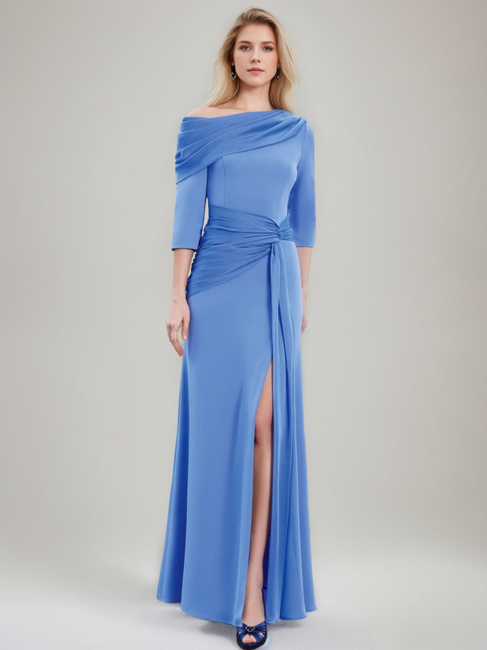 Asymmetrical Sheath Gown With Draped Neckline Sleeves Floor Length Chiffon Slit