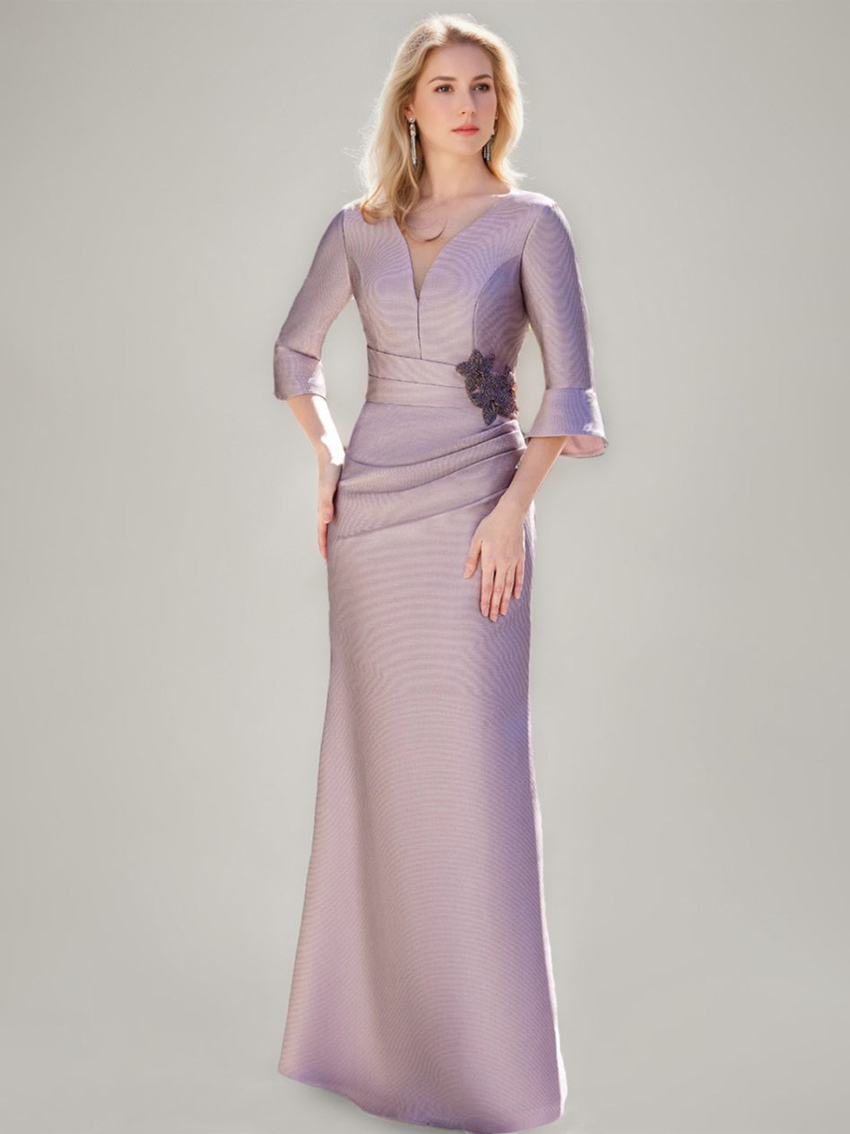 V Neck Mermaid Mother Of The Bride Dress Ruched Sleeves Jewel Appliques