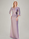 V Neck Mermaid Mother Of The Bride Dress Ruched Sleeves Jewel Appliques