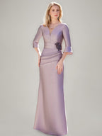 V Neck Mermaid Mother Of The Bride Dress Ruched Sleeves Jewel Appliques