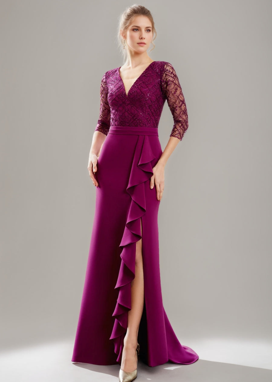 V Neck Floor Length Trumpet Mermaid Mother Of The Bride Dress With Slit Lace