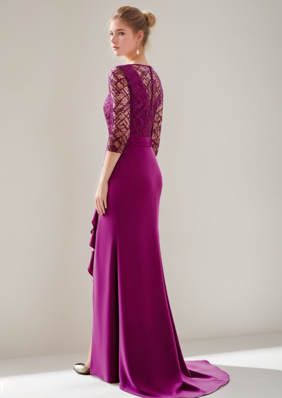V Neck Floor Length Trumpet Mermaid Mother Of The Bride Dress With Slit Lace