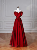 Vestido de baile de cetim vermelho sem ombros com laço e linha Y8626