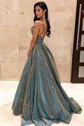 Vestidos de fiesta largos de satén brillante con escote en V y bolsillos, vestidos de noche con espalda cruzada
