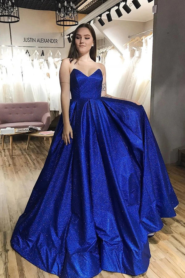 Abito da sera Royal Blue in tulle senza spalline con scollo a V e linea a trapezio con tasche