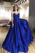 Abito da sera Royal Blue in tulle senza spalline con scollo a V e linea a trapezio con tasche