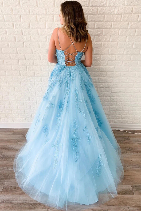 Vestidos de Baile Amarelos em Tule com Alças Finas, Decote Redondo e Saia em Linha A com Apliques