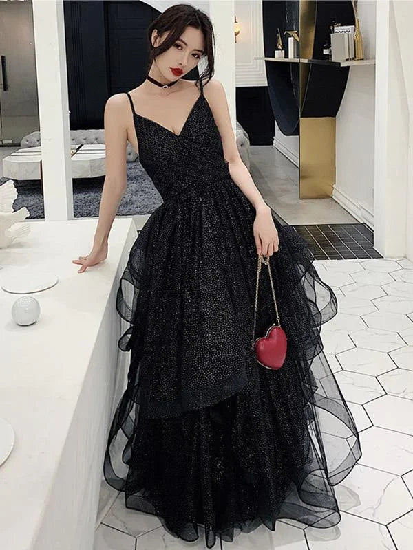 Shiny Black V Neck Prom Dresses, Backless Black V Neck Formal Evening Dress Y1767