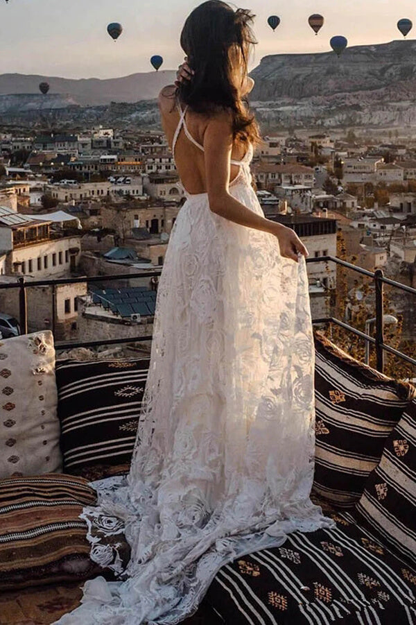 Robe de mariée longue de plage bohème en dentelle ivoire charmante Roycebridal, MW263