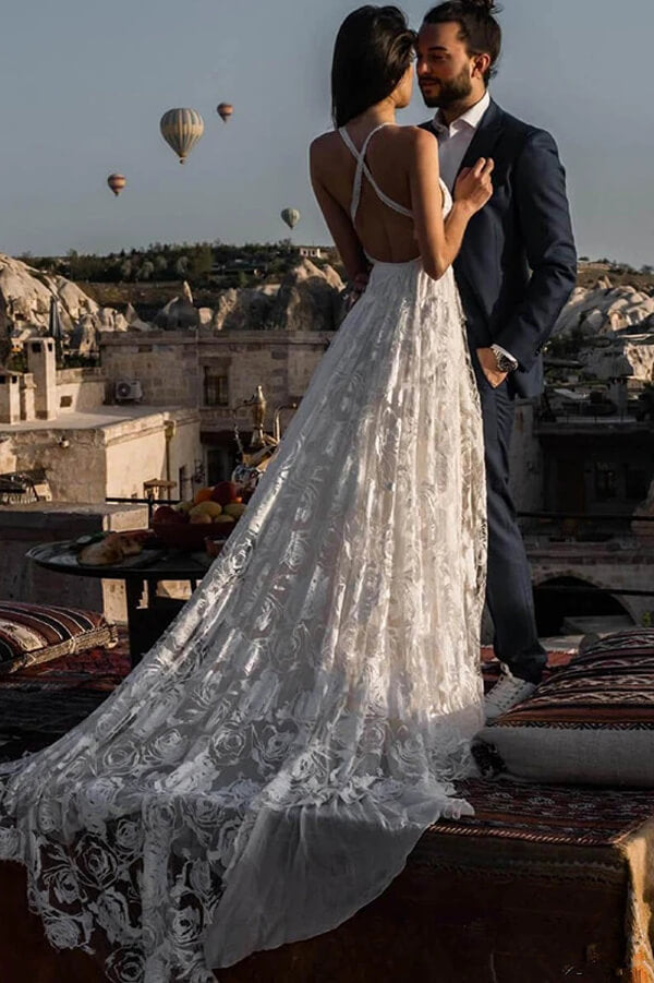 Robe de mariée longue de plage bohème en dentelle ivoire charmante Roycebridal, MW263