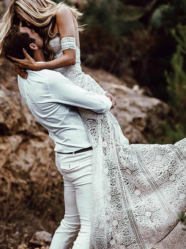 Vestidos de Noiva Roycebridal com Decote Coração, Renda, Praia, Marfim, Rústico e Boémio