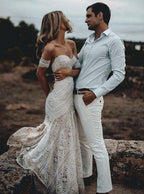 Vestidos de Noiva Roycebridal com Decote Coração, Renda, Praia, Marfim, Rústico e Boémio