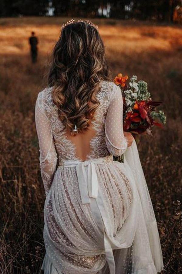 Vestido de Noiva Boémio Roycebridal com Renda, Bolinhas e Mangas
