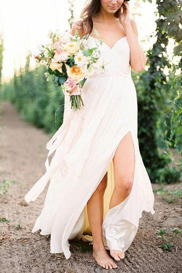 Roycebridal Simple Spaghetti Strap Summer Wedding Dresses with Slit