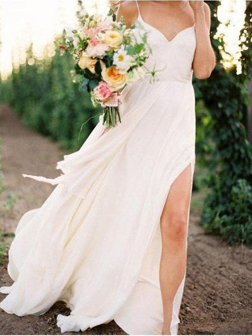 Roycebridal Simple Spaghetti Strap Summer Wedding Dresses with Slit