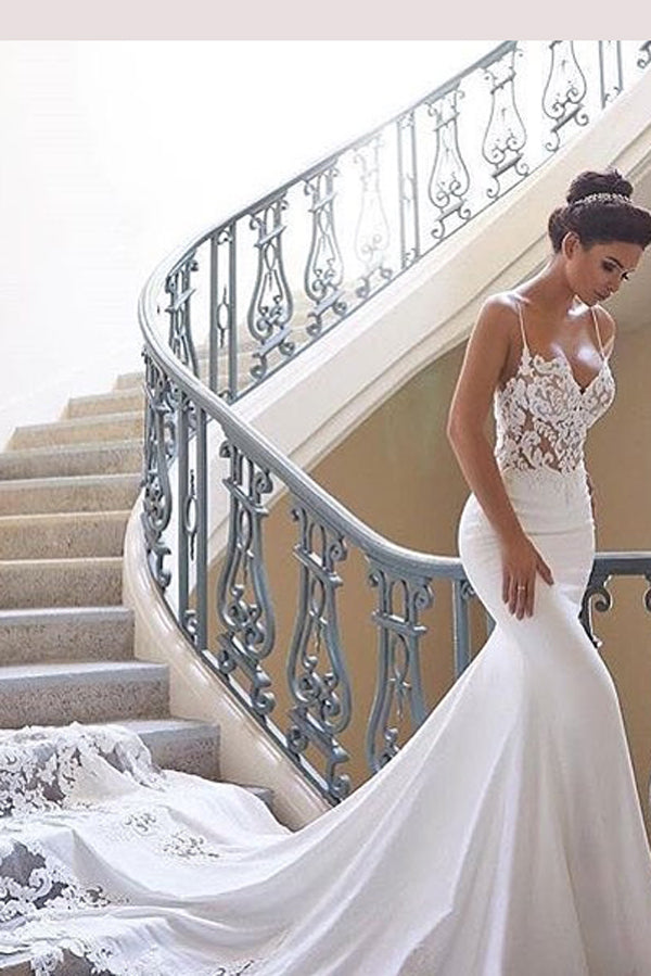 Roycebridal Glamorous Spaghetti-Straps Lace Wedding Dress Mermaid Bridal Gowns