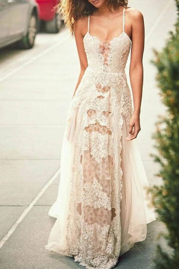 Spaghetti-Träger Tüll Strand Hochzeitskleid, Spitzen-Applikationen Brautkleider