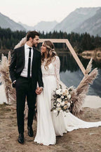 Abito da sposa Roycebridal in due pezzi con scollo rotondo, pizzo bianco e chiffon, maniche lunghe