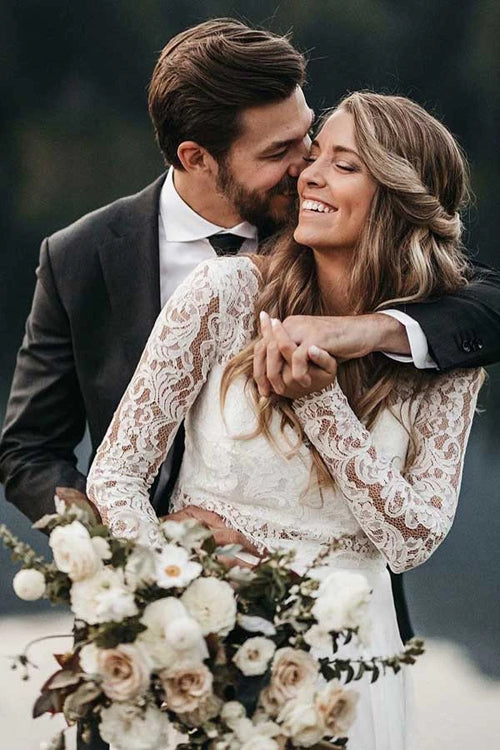 Abito da sposa Roycebridal in due pezzi con scollo rotondo, pizzo bianco e chiffon, maniche lunghe