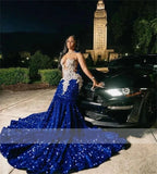 Vestido de noche de sirena con lentejuelas azul real y cuello transparente Tallas grandes Vestidos formales para ocasiones nocturnas Y6358