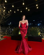 Sexy Meerjungfrau V-Ausschnitt Rotes Satin Langes Ballkleid Abendkleid, Formelle Festkleider Y3071
