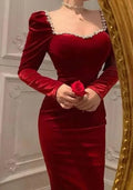 Vestido de Noite de Veludo Vermelho de Manga Comprida Estilo Retro, Vestido de Noite Vermelho Y5556