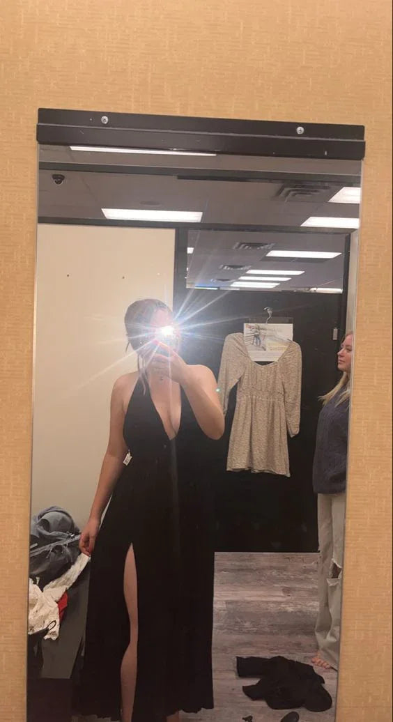 Vestido de Noite Preto Sexy em Linha A com Decote em V Vestido de Noite Preto Y6877