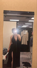 Vestido de Noite Preto Sexy em Linha A com Decote em V Vestido de Noite Preto Y6877