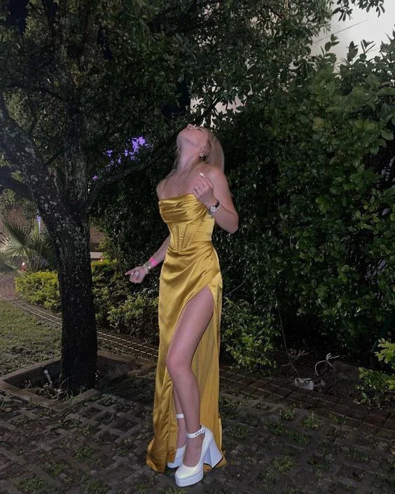 Vestido de Noite Longo em Cetim de Seda Sereia Sedutora Amarelo Vestido de Baile Y7304